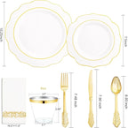 NOCCUR 175PCS Gold Plastic Plates with Disposable Silverware - White Gold Plastic Tableware Include 25 Dinner /25 Dessert Plates, 75 Cutlery, 25 Cups, 25 Napkins - Ideal for Fall Party&Thanksgiving