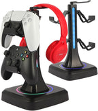 Controller Stand with RGB Multi-Color Light Modes - Headset Holder for PS5, Xbox, Switch - Gaming Room Decor, Desk Organizer for Gamers