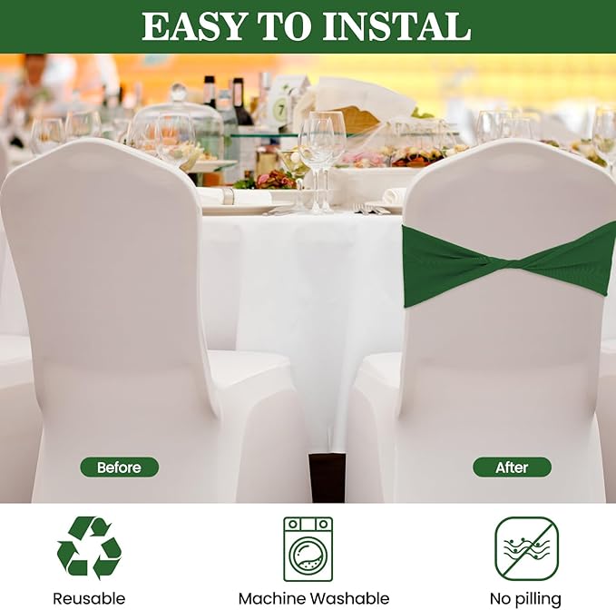 Kinlop 50 Pcs Spandex Chair Sashes Bows Chair Bands Slider Sashes for Covers Elastic Bands Ties Without Buckle Decorations for Wedding Party Events Ceremony Birthday(Green)