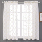 Embroidered Wave Diamond Sheer Curtains Gold 63 Inch Length, Rod Pocket Voile Drapes for Living room, Bedroom, Window Treatments Semi Curtain Panels for Yard, Patio, Villa, Parlor, Set of 2, 52"x 63".