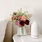 LESING Fake Artificial Flowers with Vase Faux Silk Flower Bouquet in Glass Vase Rose Floral Arrangements Flower for Home Office Decoration, Dining Table Centerpiece (Red)
