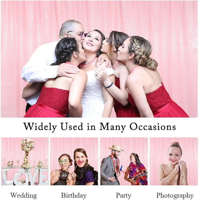 ShinyBeauty 4x8FT Pink Sequin Backdrop Curtains 2 Panels - Shimmer Photography Background for Weddings & Baby Showers Happy Birthday Backdrops