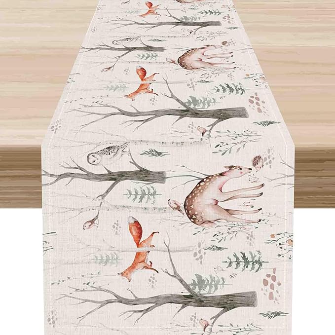 Rustic Woodland Table Runner, Farmhouse Forest Animals Country Lodge Wild Hunt Deer Fox Table Center Decor for Home Kitchen Dining Patio Holiday Party Indoor Outdoor Table Decorations, 13"x36" Inch