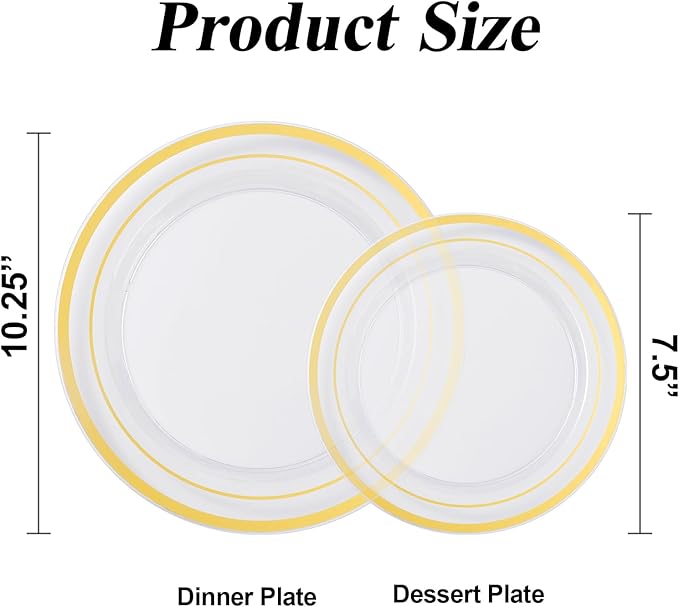 100PCS Clear Gold Plastic Plates Set, 50 10.25 inch Dinner Plates and 50 7.5 inch Dessert Plates, Disposable Plates for Party, Wedding