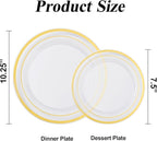 200PCS Clear Gold Plastic Plates Set, 100 10.25 inch Dinner Plates and 100 7.5 inch Dessert Plates, Disposable Plates for Party, Wedding