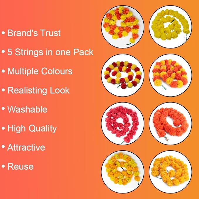 Artificial Marigold Garland for Decoration, Diwali Decorations Pack of 5 - Marigold Garland Flowers for Diwali Pooja -Traditional Indian Decoration (Red 5 PC | 4 to 4.5ft) Hashcart®