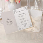 Hosmsua 50PCS Customized Ivory Wedding Invitations Kit 5.12x7.2 Inch Laser Cut Gold Foil Hollow Flora Lace Sleeve Pocket Wedding Quinceanera Invitation with Envelopes