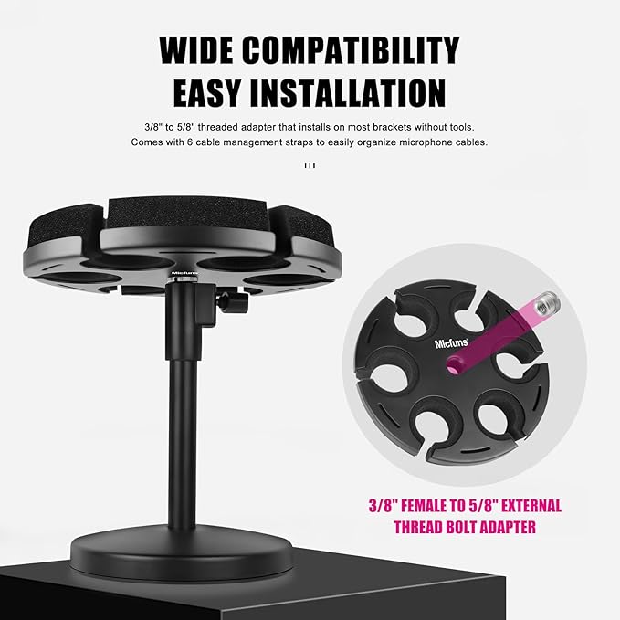Multi Microphone Holder, Wired and Wireless Mic Holder for Stand, Hold Up to 6 Microphones, Aluminum, Black with stand (Desk)