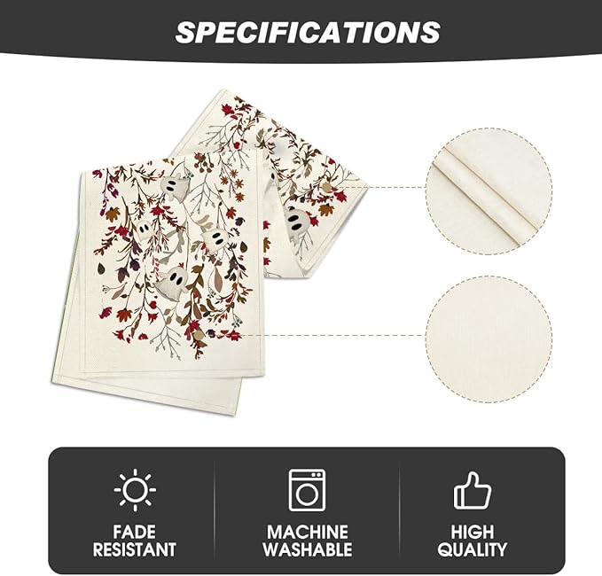 Artoid Mode Ghost Flowers Leaves 210 GSM Halloween Table Runner,Seasonal Fall Kitchen Dining Table Decoration for Home Party Decor 13x36 Inch