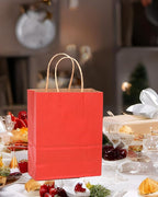 qiqee 50-Packs Gift Bag with Handles Bulk Kraft Red Paper Bags Multiple Uses (8.3"x3"x6"inch Small Size)