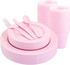 KIRE 150 Pieces Pink Plastic Plates Disposable - Pink Dinnerware Set Include 25 Dinner & 25 Salad Plates 25Forks 25Knives 25Spoons 25 Cups for Baby Shower/Bridal Shower
