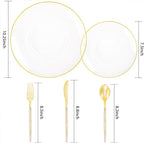 Liacere 150PCS Clear Gold Plastic Plates - Gold Plastic Silverware with Glitter Handle - Clear Disposable Plates Include 30 Guests Plates, Forks, Spoons, Knives for Wedding & Party&Chrismas