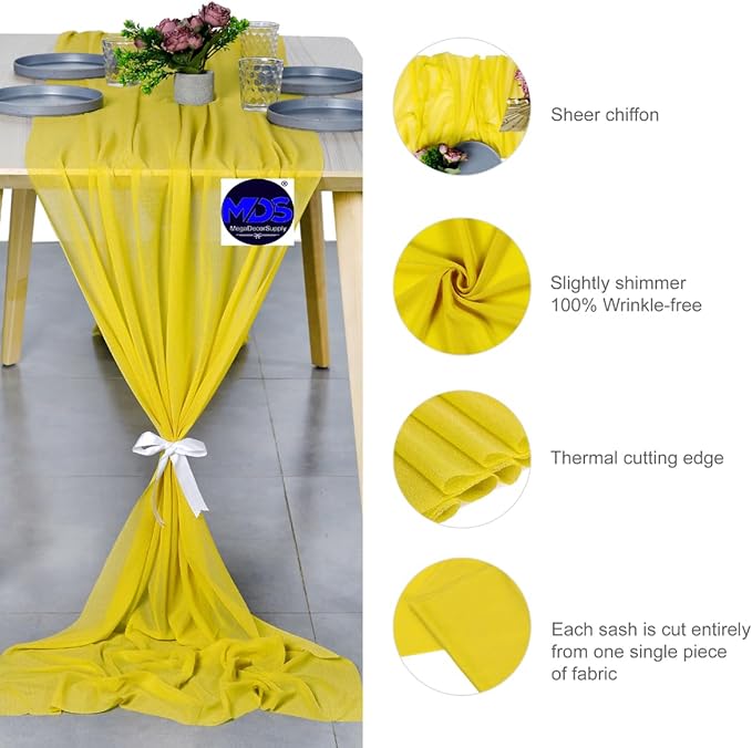 MDS 25 Pack 10ft Chiffon Table Runner 29 x 120 Inches Sheer Wedding Runner Romantic Rustic Table Runner for Wedding Decorations, Birthday Parties, Bridal Shower Party Arch Decor - Yellow