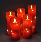 DANIP Red LED Flameless Candle with Embedded Star String, 5Piece LED Candle with 11 Button Remote Control, 24 Hours Timer Function, Dancing Flame, Real Wax, Battery Powered.