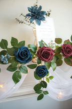 PONATIA 5FT Handcrafted Artificial Rose Flower Garland, Burgundy Flower Garland for Wedding Ceremony Garlands Backdrop Arch Flowers, Ceremony Reception Table Decorations (Burgundy & Navy)