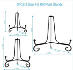 6PCS 3 Size Black Iron Plate Stands for Display - 4, 6, 8 Inch Decorative Metal Plate Holders - Mini Easel, Frame, Book, Card, Plaque, Bowl, Picture Display Stands
