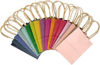 qiqee 32 Pcs Mini Paper Gift Bags with Handles 6"x4.5"x2.5" Small Brown Kraft Party Favor Bags 16 Different Senior Color Rainbow Treat Bags Multiple Uses (Mini size)
