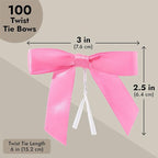 Juvale Pink Twist Tie Gift Bows - Pre-Tied Mini Bows for Crafts & Ribbon Twist Ties for Treat Bags - 100 Count, 3 x 2.5 in, Satin
