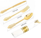 400PCS Pre Rolled Gold Plastic Silverware Sets - Heavy Duty Fancy Gold Cutlery - Include 100 Pack Wrapped Disposable Utensils with Napkins for Parties, Dinners & Weddings