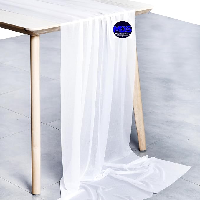 MDS 10 Pack 10ft Chiffon Table Runner 29 x 120 Inches Sheer Wedding Runner Romantic Rustic Table Runner for Wedding Decorations, Birthday Parties, Bridal Shower Party Arch Decor - White