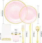Rubtlamp 350 Pcs Clear Pink Plastic Plates, Pink Gold Plastic Dinnerware Set (50 Guests), Disposable Plates With Gold Rim, Hammered Party Plates Set for Wedding And Party