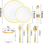 SUT 175 Pcs White and Gold Plastic Plates, Plastic Dinnerware Set for 25 Guests, Disposable Plates and Napkins Party Supplies, Gold Silverware, Plates, Cups and Napkins Sets for Party, Weddings