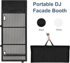 LUCKUP Portable DJ Booth 41"L x 20"W DJ Facade with White & Black Scrim, Foldable DJ Table Station with Adjustable Feet for Party, Black Metal Frame