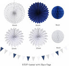 Navy-Blue White Silver Party-Decorations - 20pcs Graduation Paper Lanterns Fans,Tissue Pom Poms,Honeycomb Balls,Bunting,Birthday Bridal Bachelorette Christmas Baby Shower Wedding Decor Burgleda