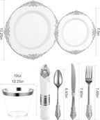 Goodluck 350 Piece Silver Plastic Dinnerware Set for 50 Guests, Fancy Disposable Plates, Include: 100 Silver Rim Plastic Plates, 150 Silverwares, 50 Pre Rolled Napkins, 50 Cups for Party, Wedding