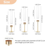 NUPTIO Hurricane Candlestick Holders for Centerpiece: Gold Taper Candles Stick Holders with Clear Glass Chimney - Tall Candleholder Set of 3 for Birthday Party Outdoor Decor