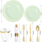 Liacere 350PCS Light Green Plates - Disposable Green and Gold Plastic Plates 50guest Baroque Dinnerware include 100Plates,50Pack Pre Rolled Napkins with Silverware 50Cups for Mother's Day