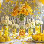 HappyFiller Fall Decor Fake Ice Rocks Cubes Acrylic Gems Stones for Vase Fillers,Kitchen Dinning Room Table Scatters,Crafts,Home Centerpieces,Candle Holder,Mix Yellow Amber Orange,14 OZ