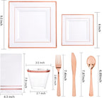 Festiva 350Pcs Rose Gold Plates and Napkins Party Supplies-Square White and Rose Gold Disposable Dinnerware include Plates Cups Cutlery Napkins for 50 Guests Wedding &Party&Mother's Day