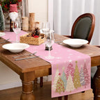 GEEORY Christmas Table Runner 13x60 Inch, Xmas Trees Snowflakes Holiday Decorative Farmhouse Table Decoration for Kitchen Dinning, Indoor Outdoor Dinner Party Decor (Pink) GT153-60