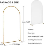 Skypatio 7.2FT Wedding Metal Arch Backdrop Stand with White Backdrop Cover, Balloon Gold Arch Stand for Birthday Party Baby Shower Wedding Decoration Stand for Backdrop