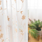 Floral Embroidery Sheer Curtains Beige 95 Inch Length, Rod Pocket Voile Drapes for Living Room, Bedroom, Window Treatments Semi Crinkle Curtain Panels for Yard, Patio, Villa, Set of 2, 52"x 95".
