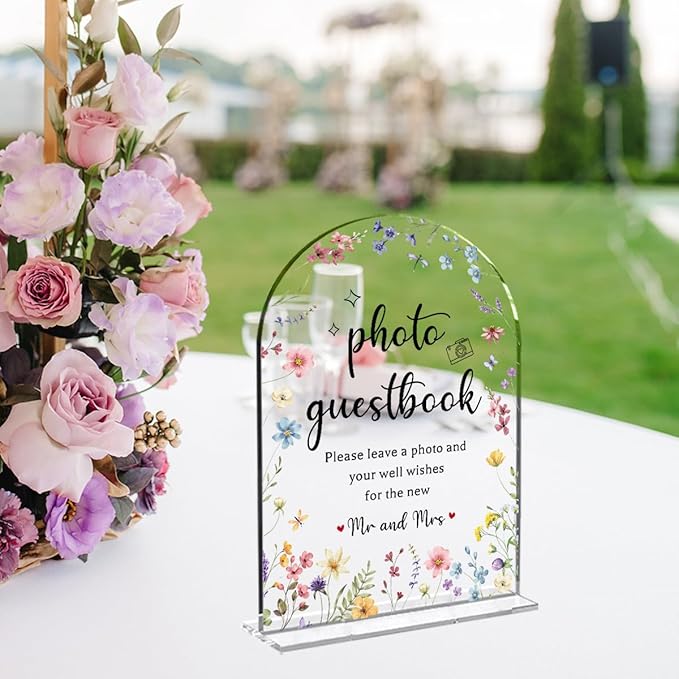 Wedding Sign Decor, Photo Guest Book Sign, Arch Acrylic Wedding Sign for Reception & Event, Bridal Shower Decorations, Wedding Table Sign Accessories for Anniversary And Event 5x7 Inch (Flower)