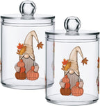 Gredecor 4 Pack Apothecary Jars with Lid Fall Gnome Maple Pumpkins Qtip Holder Dispenser Storage Containers Clear Plastic Cute Fall Autumn Thanksgiving Theme Canisters for Bathroom Vanity Organization