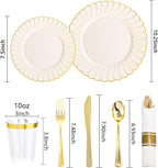 YOUBET 350PCS Ivory Scalloped Plastic Plates - Ivory and Gold Disposable Dinnerware Set Include 100 Plates, 150 Gold Silverware, 50 Cups, 50 Napkins for Wedding & Party & Thanksgiving