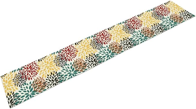 Green Red Dahlia Flower Table Runner Chrysanthemum Geometric Kitchen Dining Bedroom Living Room Table Decor for Indoor Outdoor Home Party, 13x90 Inch