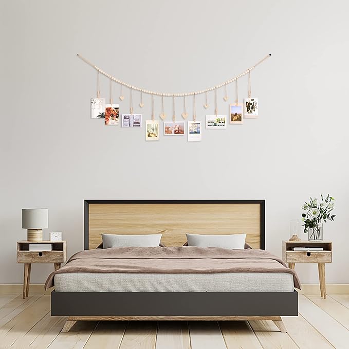Hanging Photo Display with Clips, 9 Wood Clips, Boho Picture Frames Collage Wall Decor, Photo Hanger for Office Cubicle Decor, Kids Art Display (1)