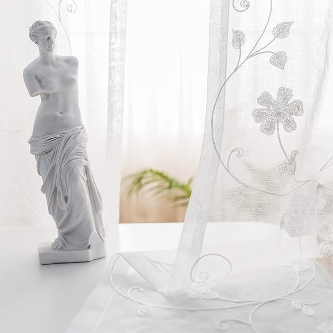 Floral Embroidery Sheer Curtains White 63 Inch Length, Rod Pocket Voile Drapes for Living room, Bedroom, Window Treatments Semi Crinkle Curtain Panels for Yard, Patio, Villa, Set of 2, 52"x 63".