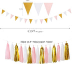 Pink-White Gold Girl Birthday Party-Decorations - 23pcs Kits Tissue Paper Pom Poms Streamers,Princess Banner Flags,Bachelorette Baby Bridal Shower Engagement Decoration Tassel Garland Lasting Surprise