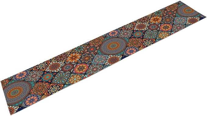 Bohemian Table Runner, Colorful Vintage Indian Mandala Floral Table Runners for Kitchen Dining Coffee Table Indoor Outdoor Party Decor, 13x70inch