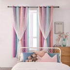 FANLI Ombre Rainbow Blackout Curtains for Kid Girls Bedroom Living Room Darking Stripe Double Layer Star Cut Out Wall Home Decor Gradient Grommet Window Curtains (Pink Purple, 52W x 84L)