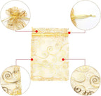 Staruby Organza Gift Bags 100Pcs Gold Sheer Organza Bag 4x6 Inch Mesh Favor Bags Drawstring Jewelry Rattan Printed Gift Pouches for Wedding Party Favors Couple Shower Christmas Gifts Candy Bags