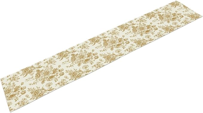 Retro Floral Table Runner, Golden White Wildfloral Sketch Print Kitchen Dinning Table Runner for Indoor Outdoor Home Wedding Party Holiday, 13x70 Inch