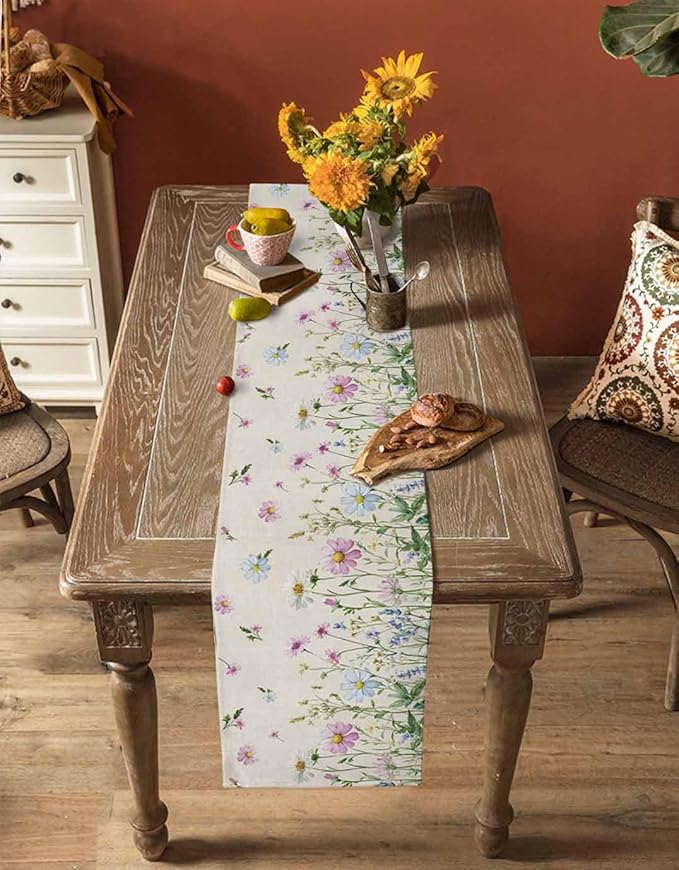 Vintage Wildflowers Cotton Linen Table Runner for Dining Kitchen, Wedding Outdoor Party Tablerunners Decoration, Farm Floral Pink Botanical Plants Dresser Scarf Coffee Tablecloth Runners 13x48 Inches