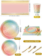 141 Pieces Rainbow Gold Party Supplies, Party Dinnerware Sets Include Paper Plates Napkins Cups Silverware, for Wedding Bridal Shower Engagement Birthday Parties Decoration -20 Serves