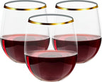 FOCUSLINE 32 Pack 12 OZ Plastic Wine Glasses, Stemless Disposable Wine Cups, Gold Rim Unbreakable Wine Glasses, Reusable Shatterproof Recyclable and BPA-Free Plastic Wine Cups